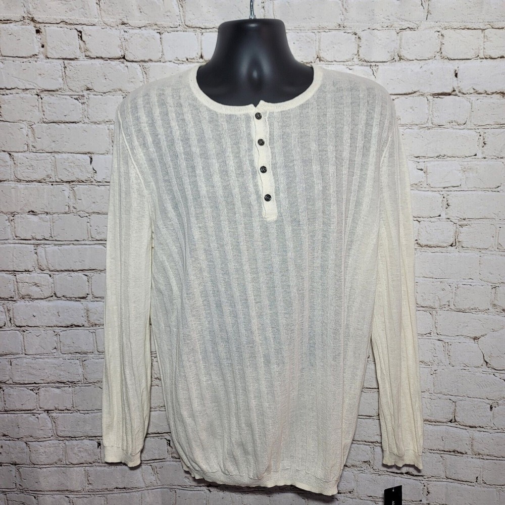 ALFANI Mens Henley Shirt New Size Large Textured Linen Blend Beige Cream Sweater